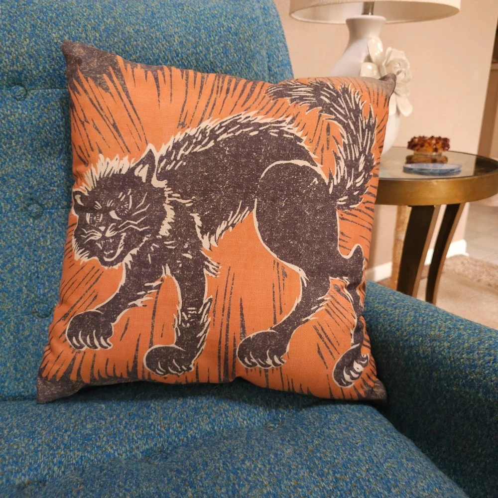 Pottery Barn Halloween Scaredy Black Cat Throw Pillow Orange Print 20